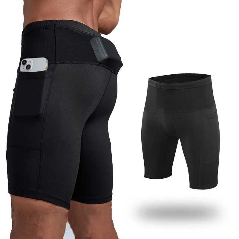 (S-3XL) Mens compression marathon running shorts with waist bag quick drying training fitness tight shorts W250324
