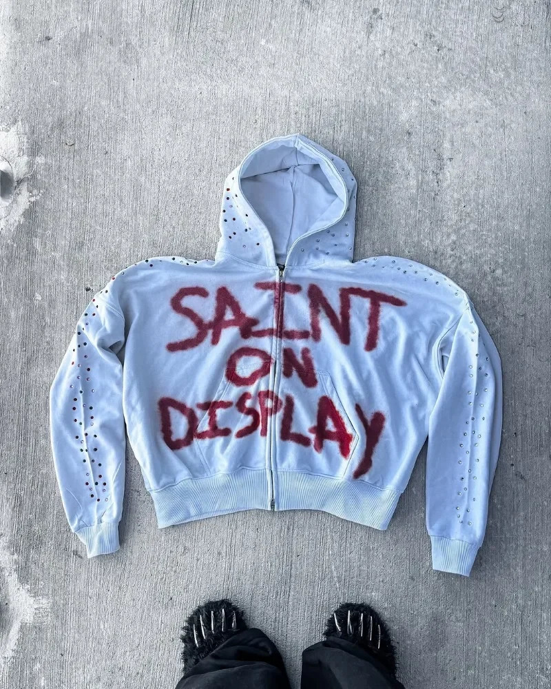 Harajuku Retro Trendy Cartoon Letter Printing Super Large Hoodie Mens Y2k American Street Fashion Zipper Sweatshirt Womens 250318