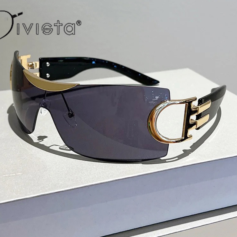 Luxury Sunglasses Y2K Vintage Gradient Women Style Sun Glasses Steampunk Rimless Pilot Goggles Uv400 Glasses for Spicy Girls Cycling One-Piece Punk Br