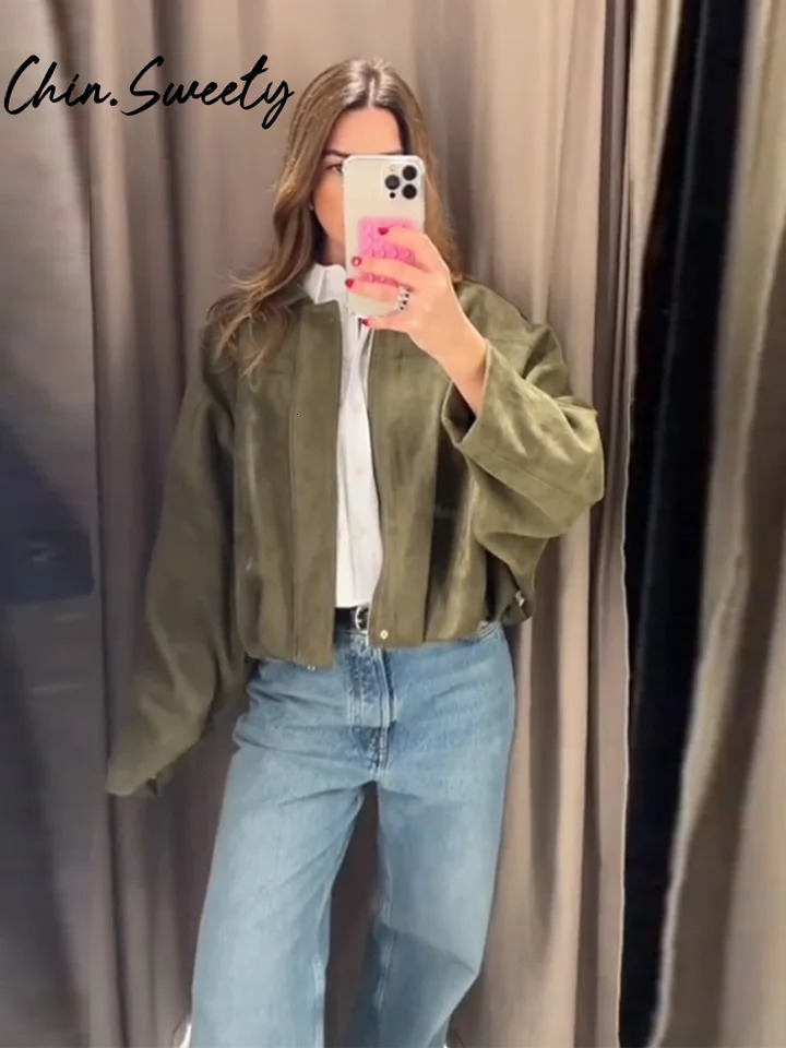 Vintage Suede Solid Women Jacket Casual Lapel Zippers Covered Button Female Coats 2025 Spring Autumn Street Lady Outwear 250325