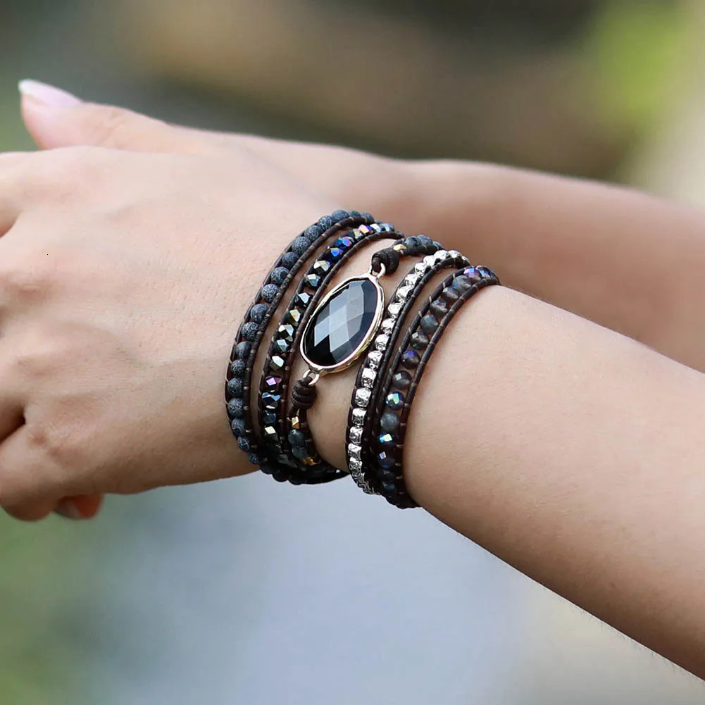 Native Inspired er Leather Bracelet Black Onyx Mix 5 Strands Woven Wrap Bangles Bohemian Jewelry Dropship 250318
