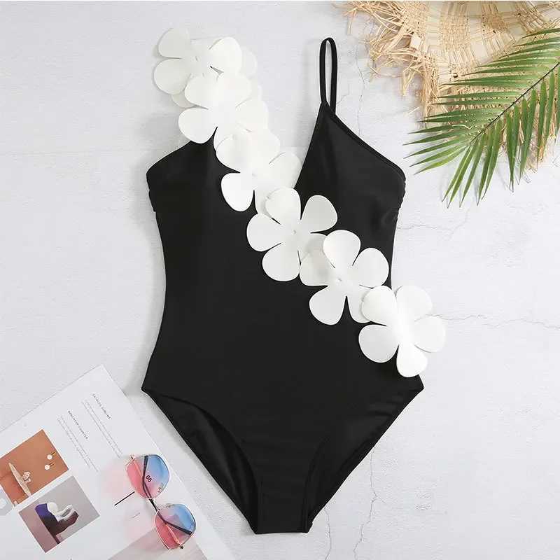 White floral swimsuit womens 2025 high waist tight bikini black 3-piece Monokini Brazilian conservative swimsuit QJYXJ250324