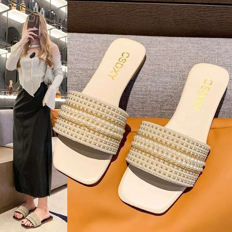 Designer Flat square head women's slippers casual everything home bedroom beach shoes