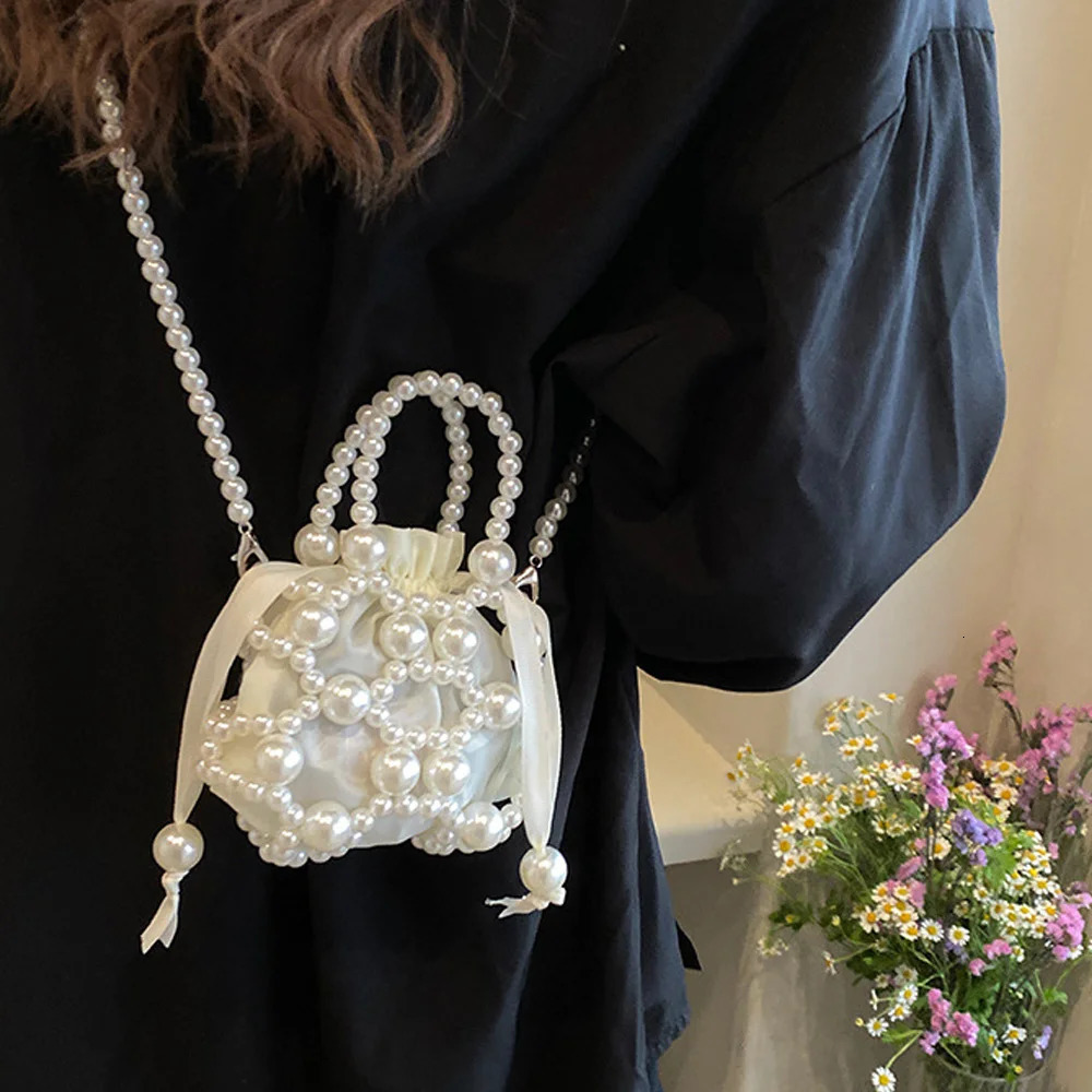 pearl bead womens shoulder cross bag pearl chain buckle bucket handbag 250320