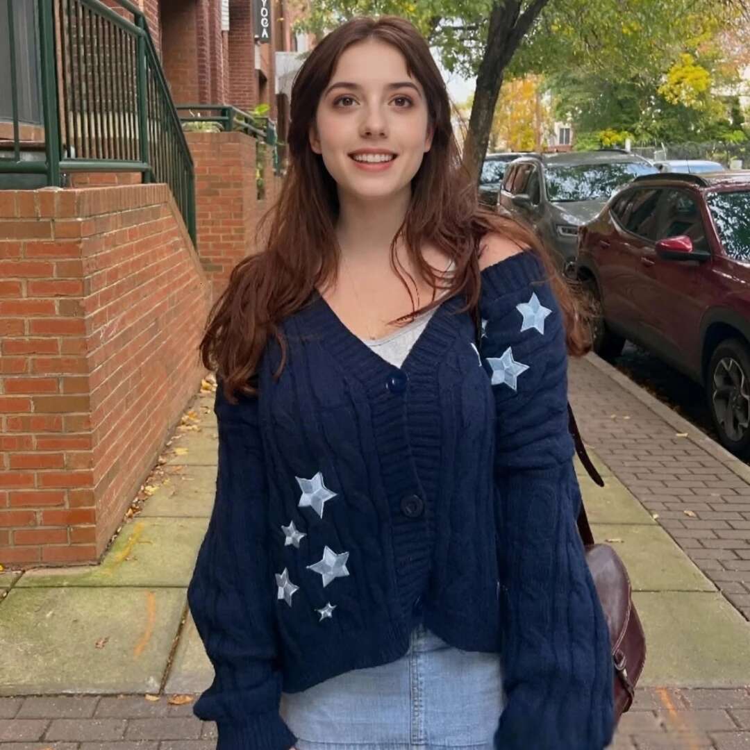 Winter Midnight Navy Blue Knitted Cardigans Women Spring Y2k Casual Star Embroidery Single Breasted Xs-5Xl Sweaters Dropshiping
