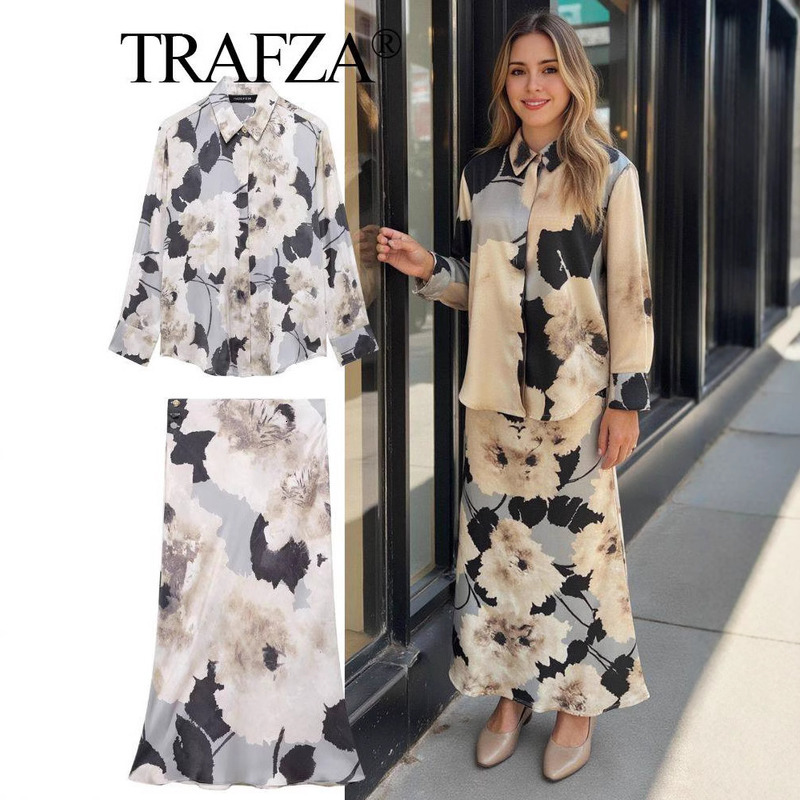 TRAFZASHEIN Spring New Silk Texture Printed Shirt Skirt Set