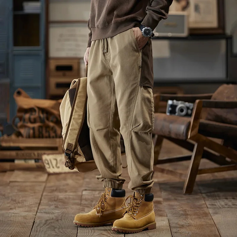 Mens retro patch work pants autumn pockets comfortable jogging casual outdoor elastic waist Trousers 250322