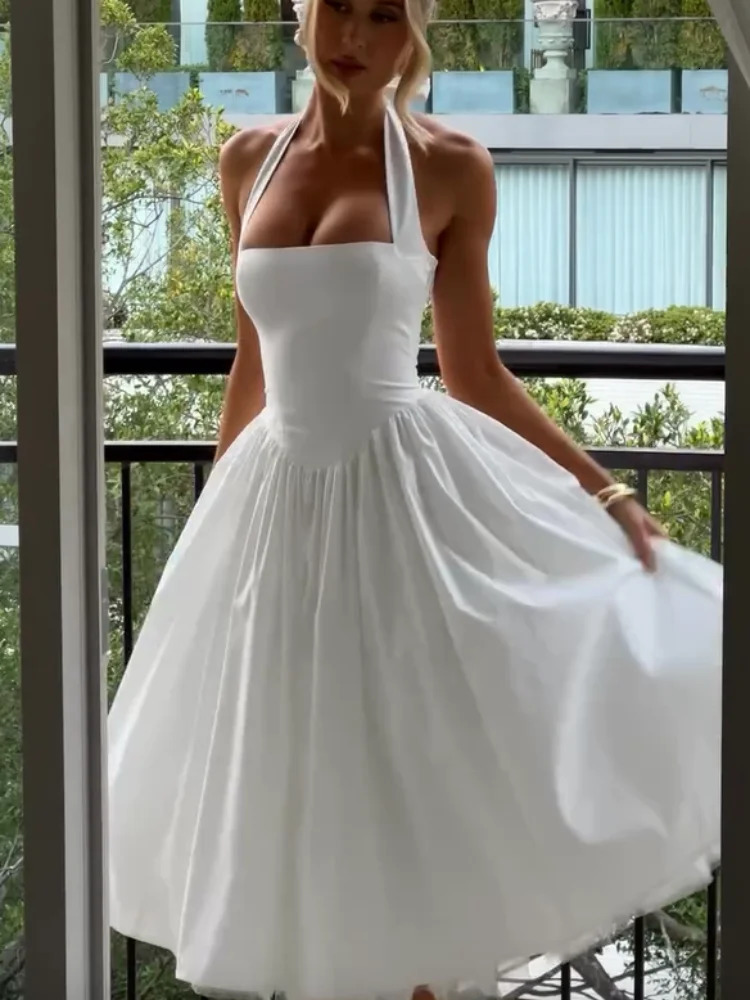 Elegant Solid High Waist Pleated A-line Dress Women Sexy Backless Sleeveless Slim Halter Dresses 2025 Street Party Vestidos 250325