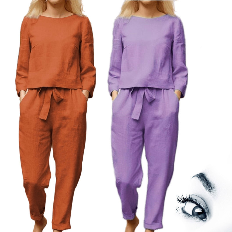 Women's Cotton En Autumn Cotton And Linen Casual Two-Piece Set