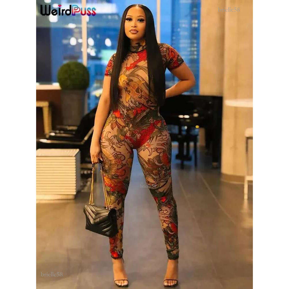 Weird Puss See Through Jumpsuit Women Backless Dragon Print Short Sleeve Fitness Activity Workout Overalls Slim Stretch Clubwear 240701