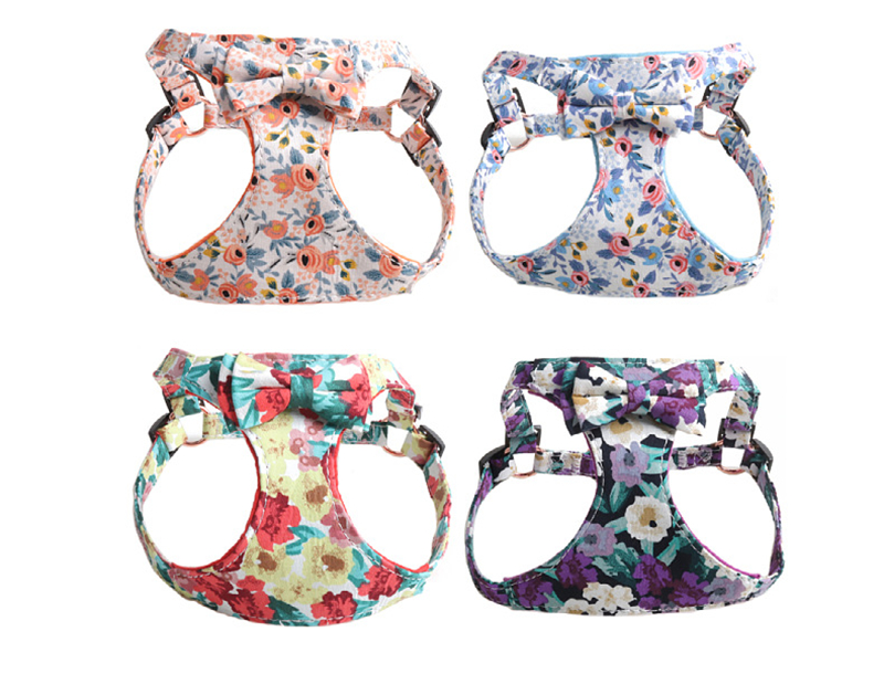 Fresh Style No Pull Dog Harness with Leash, Soft Lightweight Floral Pattern with Bow Puppy Harness, Adjustable Step in Style Pet Harness for Small Med