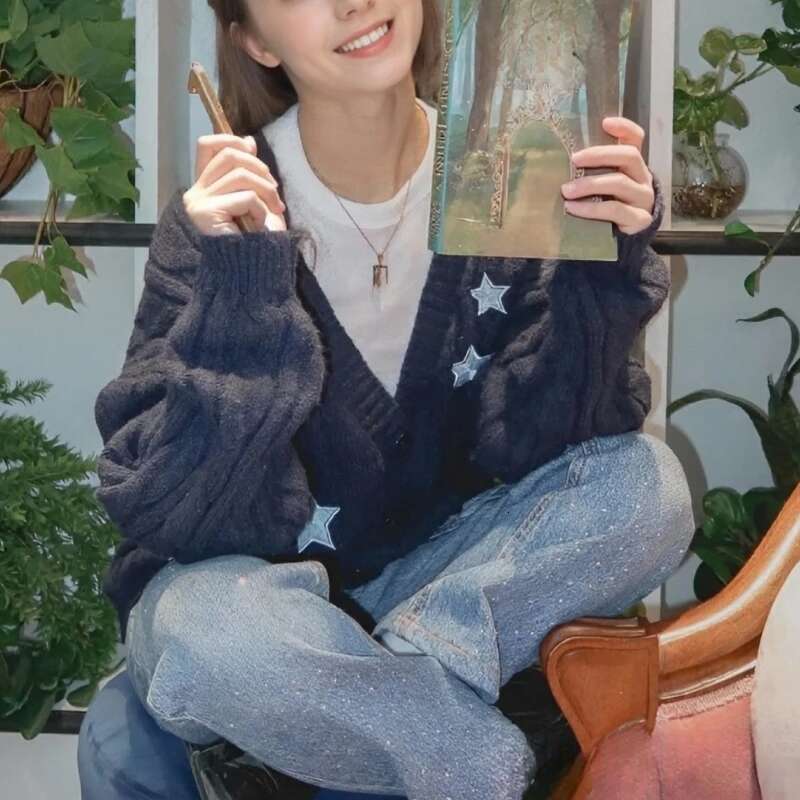 Winter Midnight Navy Blue Knitted Cardigans Women Spring Y2k Casual Star Embroidery Single Breasted Xs-5Xl Sweaters Dropshiping