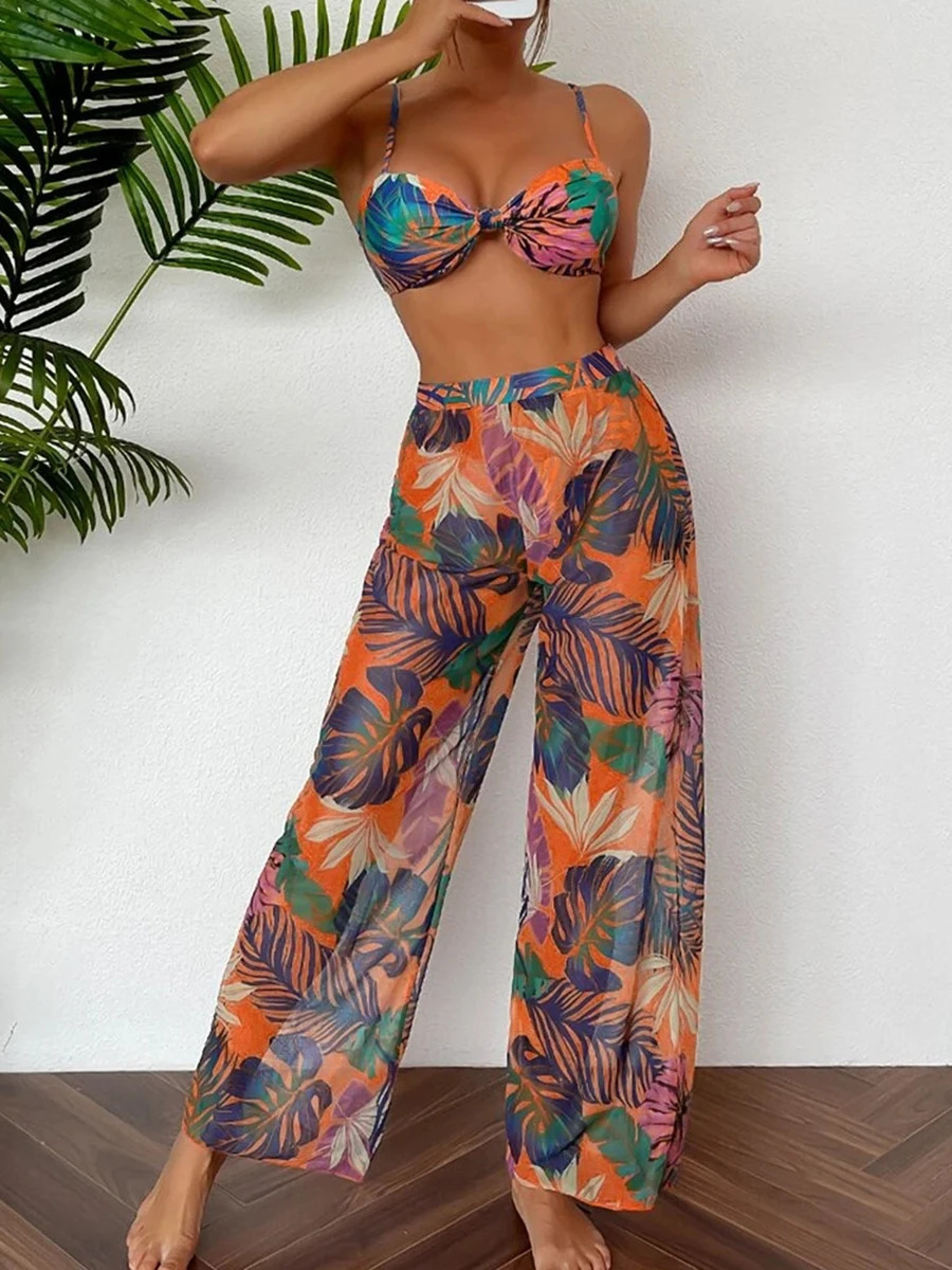 3 Pieces Strappy Bikini 2025 Women Printed Swimsuit Sexy Swimwear Female With Beach Pants Bathers Bathing Swimming Swim Suit 250321