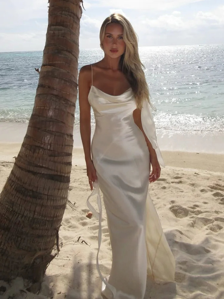 Women Chic White Backless Stain Ruffles Long Dress 2025 Elegant Sleeveless V Neck Pleated Sling Vestidos Ladies Party Club Robes 250320