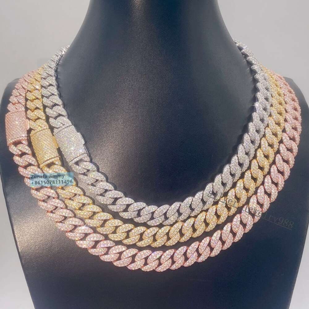 Pass Diamond Tester Shining Iced Out Tight 12mm Two Row Vvs1 Moissanite Chocker Cuban Chain Necklace