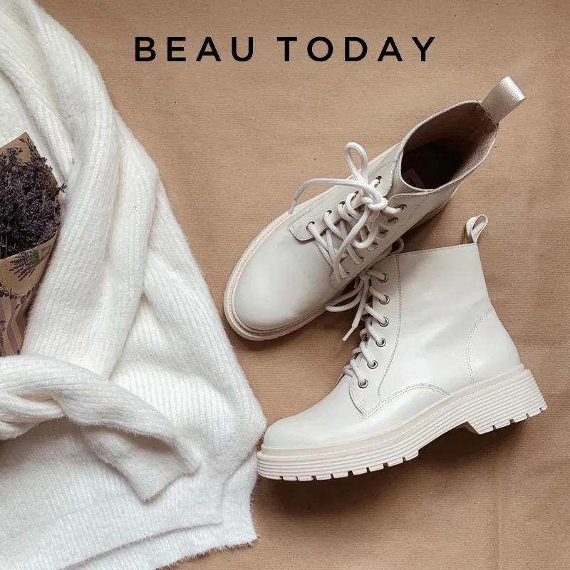 BeauToday Ankle Boot Genuine Cow Leather LaceUp Round Toe Lady Booties Autumn Winter Platform Sole Shoes Handmade 03429 250317