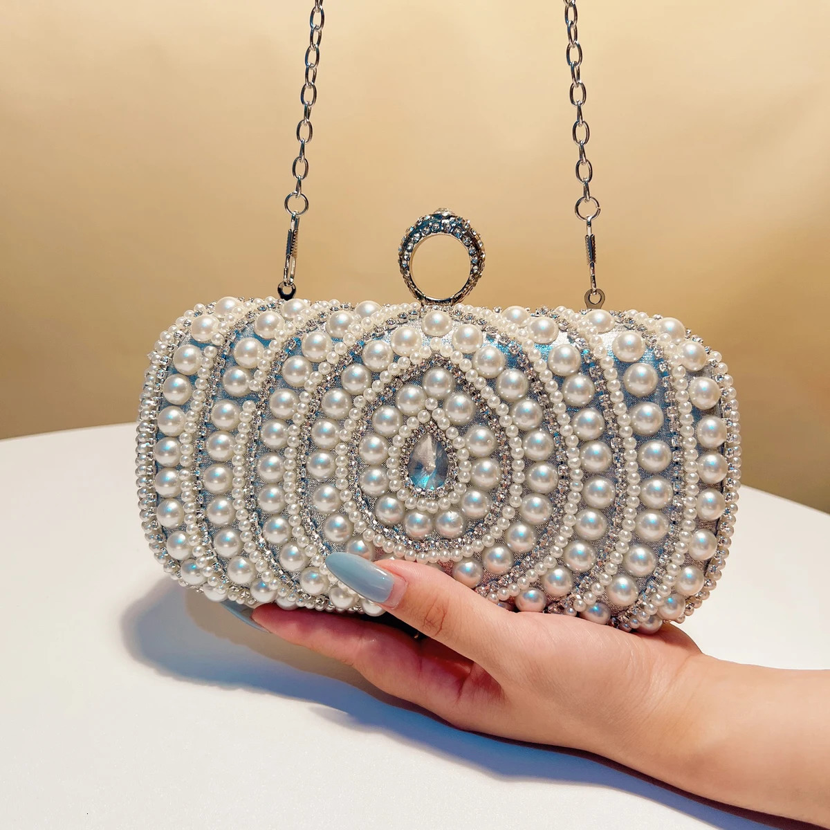 Pearl Retro Style Sparkling Rhinestone Evening Bag Finger Ring Diamond Party Wedding Ball Cocktail Clutch Bag 250320