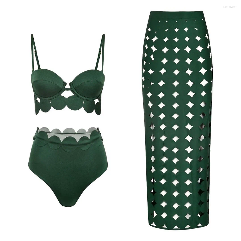 One-piece Women Swimwear Green Solid Swimsuit Bodysuit Bikini Set Beach Vacation Style Wear Maxi Dress Skirt