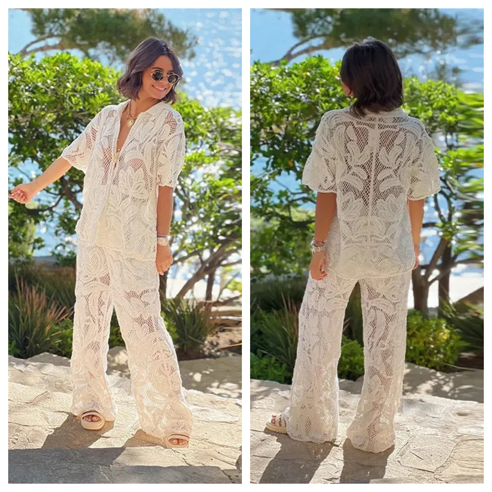 Womens Lapel Hollow-out Suit Short Sleeve Single Breasted Top Straight Leg Trousers Casual Sets Elegant Female Vacation 2PCS 250325