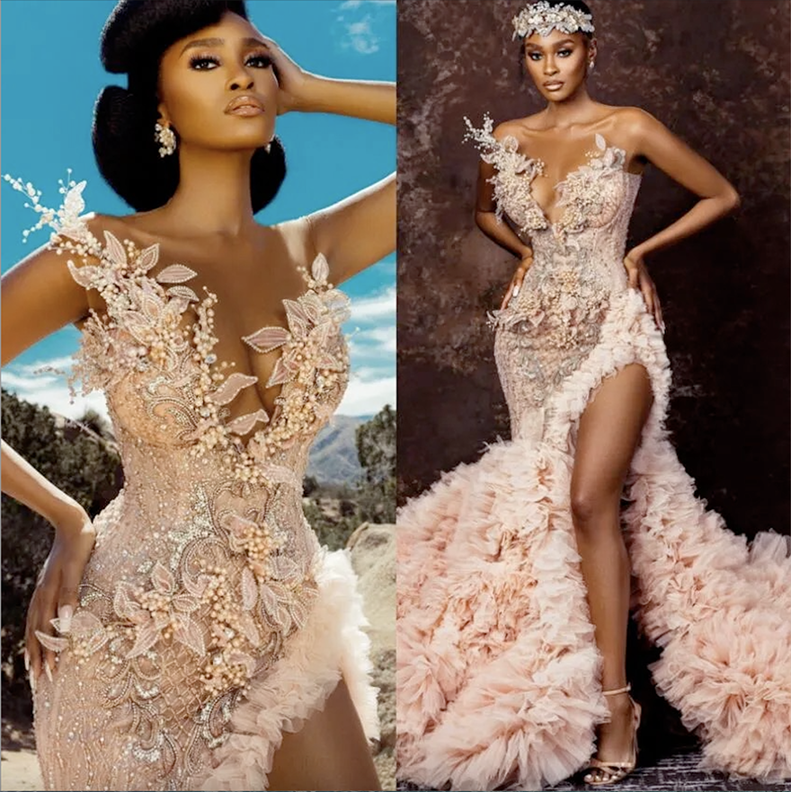 2025 Arabic Aso Ebi Champagne Mermaid Wedding Dresses Lace Beaded Crystals Luxurious Bridal Gowns Dress