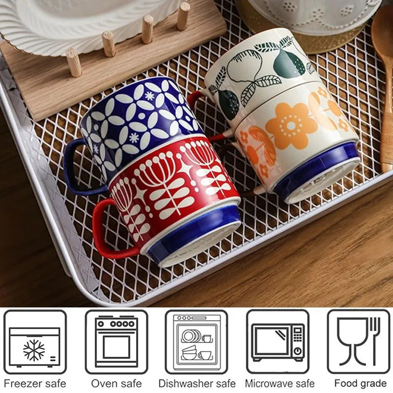 300ml Japanese Flower Coffee Cup Set Retro Ceramic Milk Oat Office Water Handle Kitchen Party Beverage 250325