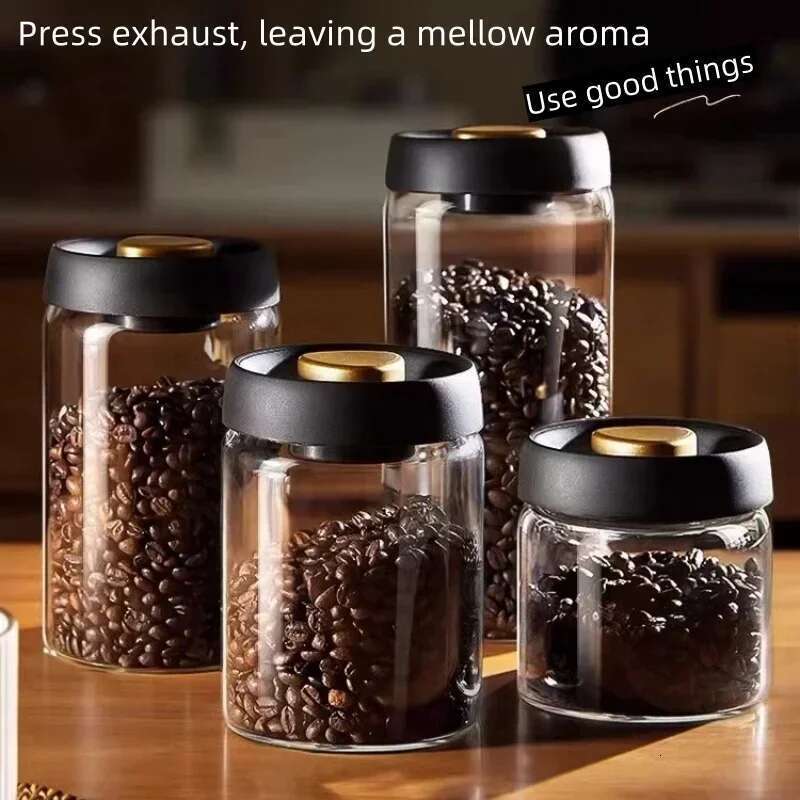 Manual Vacuum Moisture Proproof Kitchen High Borosilicate Glass Tea Coffee Bean Storage Sealed Jar