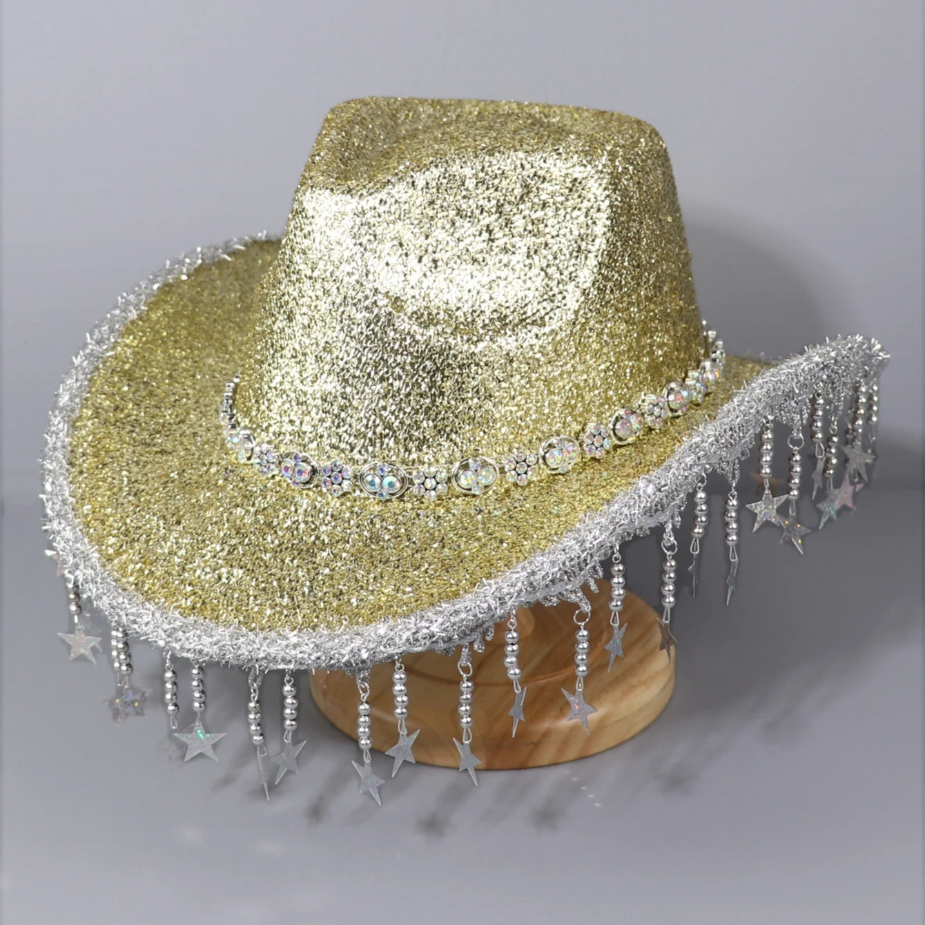 A western cowboy hat for men and women bright silk material with colorful Rhinestone decoration star beaded pendant 250322