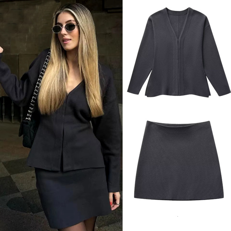 TRAFZA Style Women's Loose Sleeved Knitted Jacket Mini Skirt Set