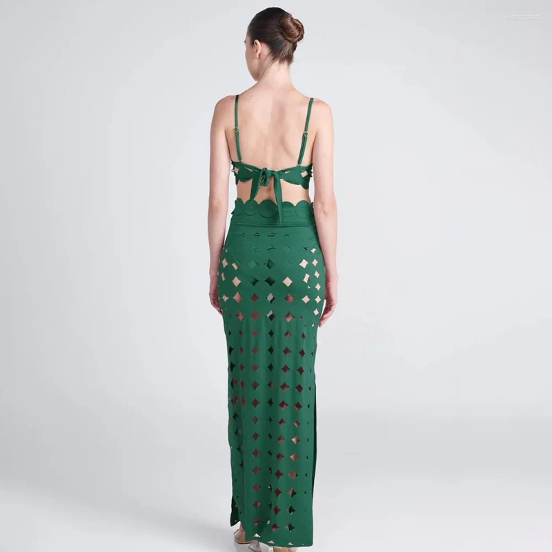 One-piece Women Swimwear Green Solid Swimsuit Bodysuit Bikini Set Beach Vacation Style Wear Maxi Dress Skirt