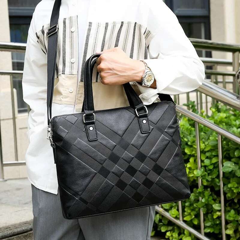 New Striped Laptop Bags Cow Genuine Real Leather Men's Briefcase Brand Male Handbags Messenger 14 Inch Computer Bag