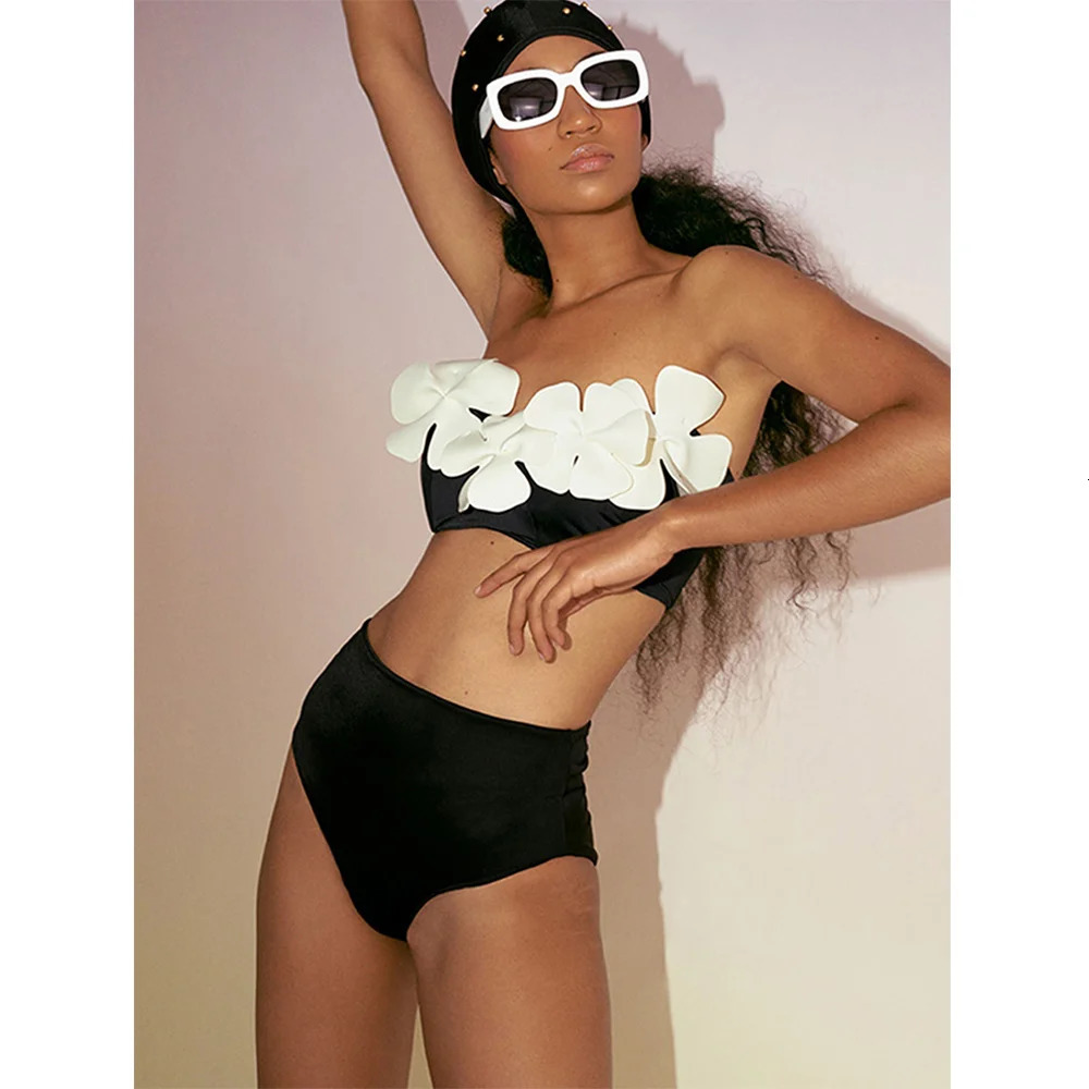 Fashion Solid Color Bikini Three-Dimensional Flower Tube Top Swimsuit Sexy High Waist Cut Swimwear Open Back Elegant250324