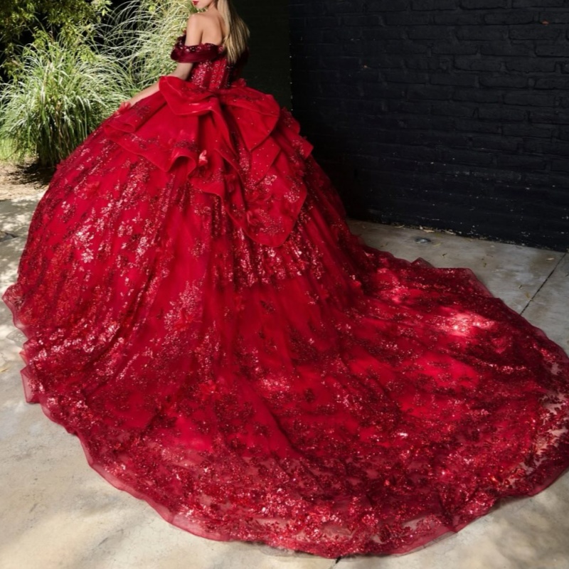 Red Shiny Quinceanera Dresses Off Shoulder Ball Gown Sweet 16 Dress Beads Sequin Appliques Lace Bow Tull Corset Birthday Party Vestidos 15 De anos