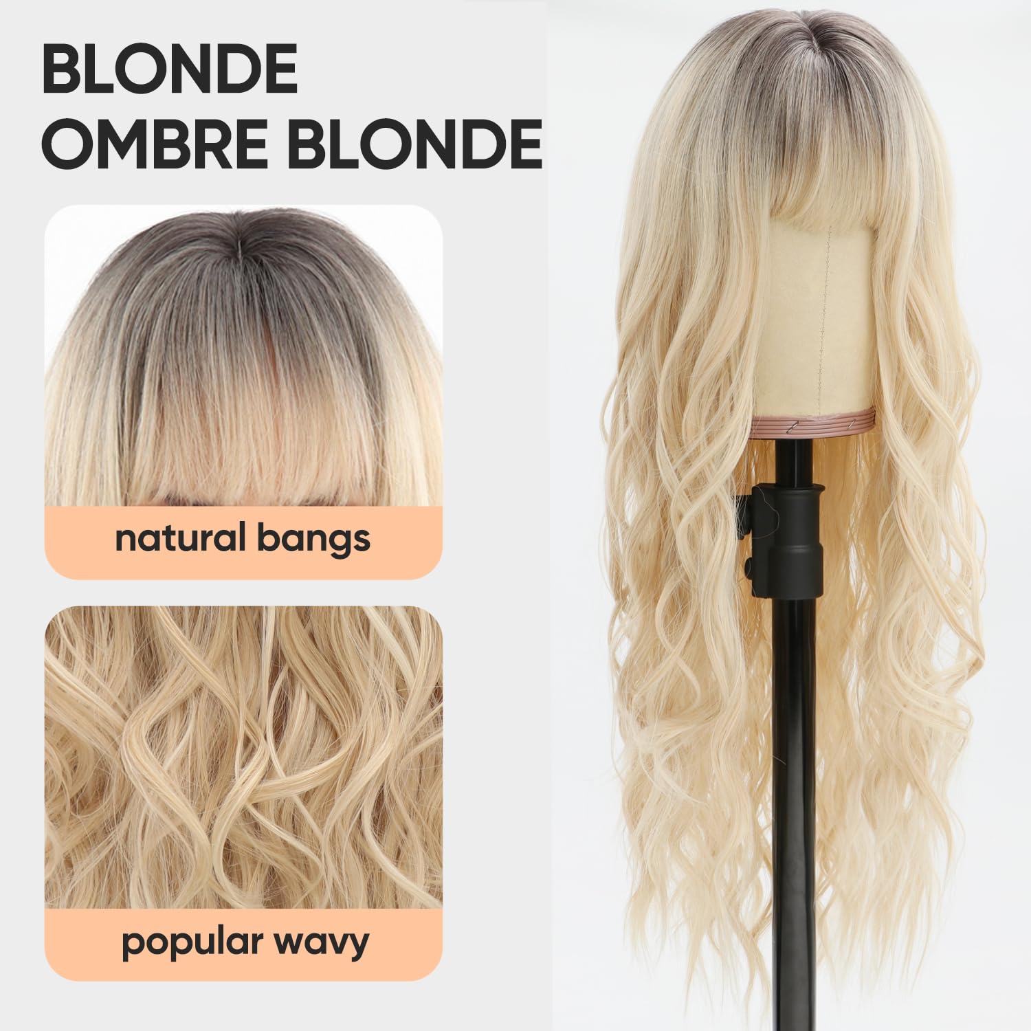 Long Ombre Light Blonde Wig with Bangs Platinum Blonde Wavy Wigs For Women Dark Roots Brown to Blonde Wigs Heat-Resistant Synthetic Wig Suitable for F