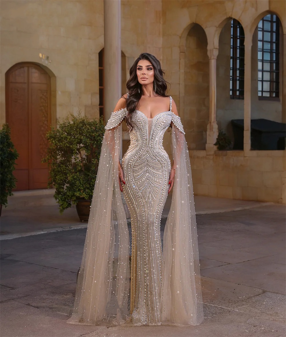 Gorgeous Pearls Wedding Dresses Off Shoulder Beading Bridal Gowns Rhinestone Mermaid Beaded Customized Princess Sweep Train Bride Dress Vestidos De No