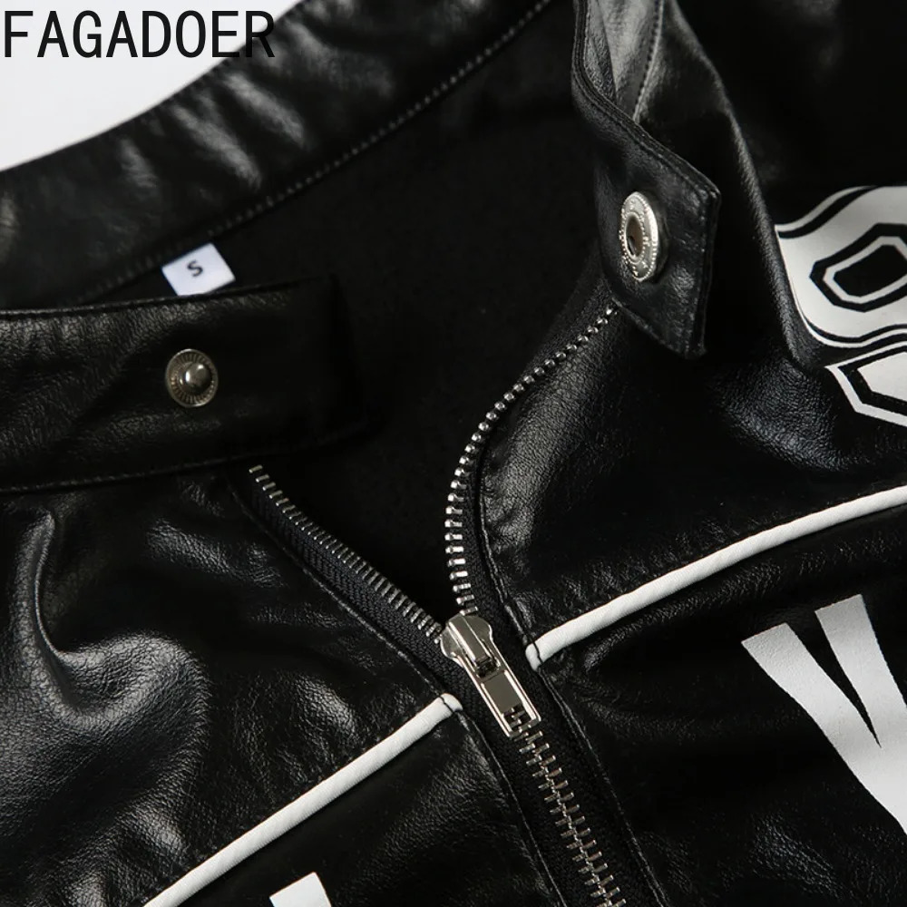 FAGADOER Y2K Leather Jacket Womens Black Letter Printed Motorcycle Punk Coat Zipper Cut Jacket Girl Street Clothing 250322