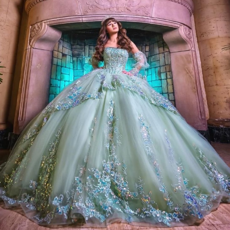 Mint Green Shiny Quinceanera Dresses Princess Sweet 16 Dress Years Birthday Party Beads Lace Appliques Tull Puff Sleeve Vestidos 15 De Anos