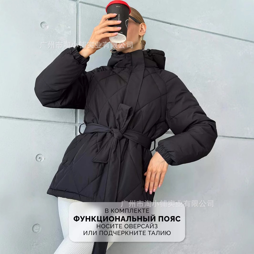 2025 Hooded Cotton New Product Thickened Autumn/Winter Fashion Jacket Women's Solid Color Belt Warm Coat Zipper