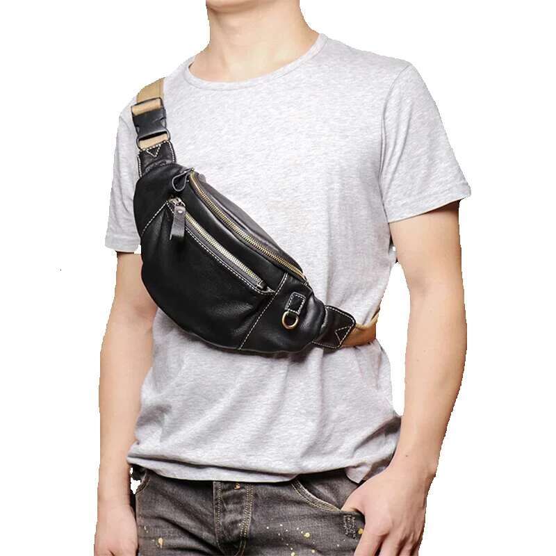 ROOG Stylish Black Genuine Leather Chest Versatile Multi-Pocket Casual Waist Bag | Great For Travel And Everyday Use