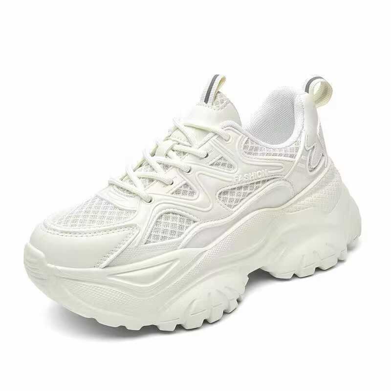 Womens Fashionable Chunky Mesh Sneakers - Breathable Comfortable Elevator Design - Solid Color Trainers for Everyday WalkingC250210
