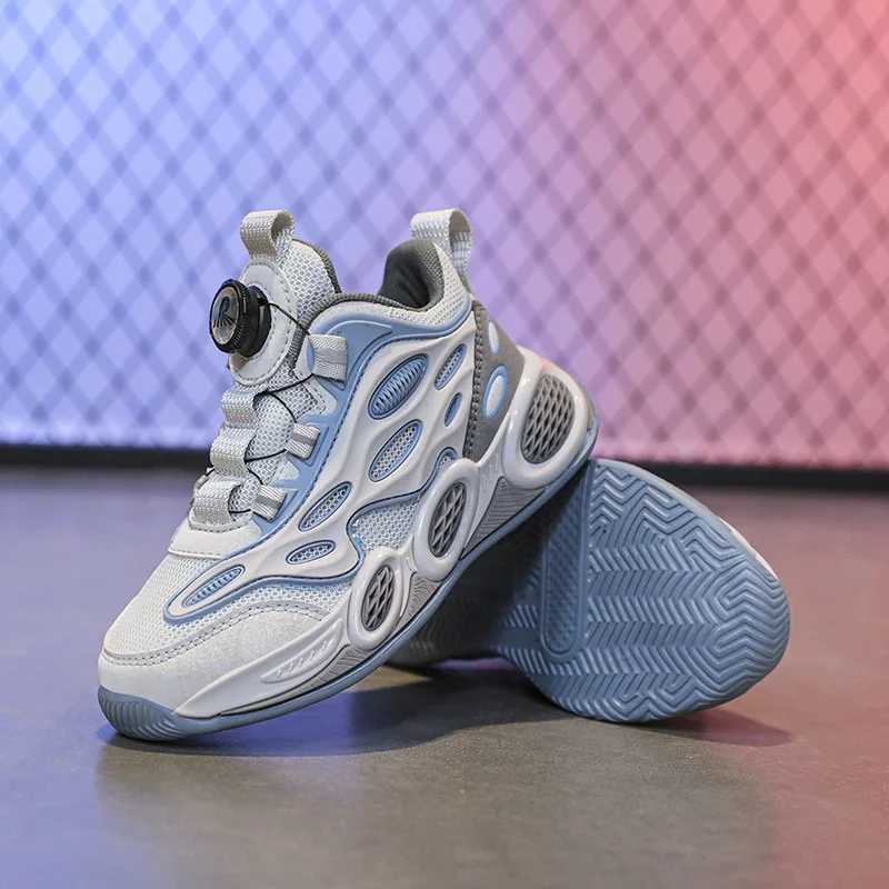 Fashionable childrens basketball anti slip and wear-resistant sports shoes for boys and girls mesh breathable rotating buckle young casual coach W2503