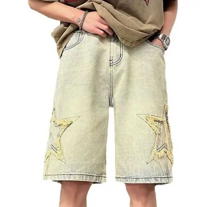 Star Patchwork Yellow Clay Color Jeans Summer Men Denim Shorts Trendy Streetwear Five-point Pants Straight Jeans Shorts T250603