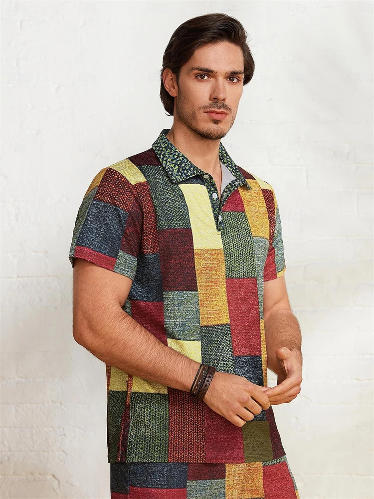 Vintage Mens Polo Shirt Patchwork 3d Print Short Sleeve Lapel Button TShirt Golf Collar Oversized Shirts For Men Clothing 250311
