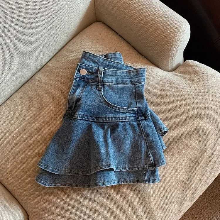 Cake skirt girl denim skirt summer new elastic waist childrens clothing shorts 2024 solid color fashion sweet fur pleatsT250325