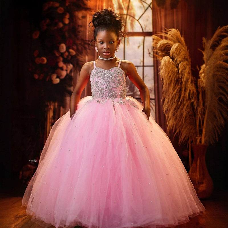 2025 Aso Ebi Pink Flower Girl Dresses Children Birthday Dress Illusion Spaghetti Straps Rhinetones Beaded Tiered Tulle Princess Queen Ball Gown For Ma