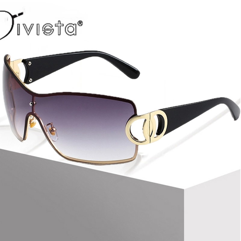 Women's Luxury Sunglasses Vintage Gradient Y2K Style Sun Glasses Steampunk Rimless Pilot Goggles Uv400 Glasses for Spicy Girls Cycling One-Piece 