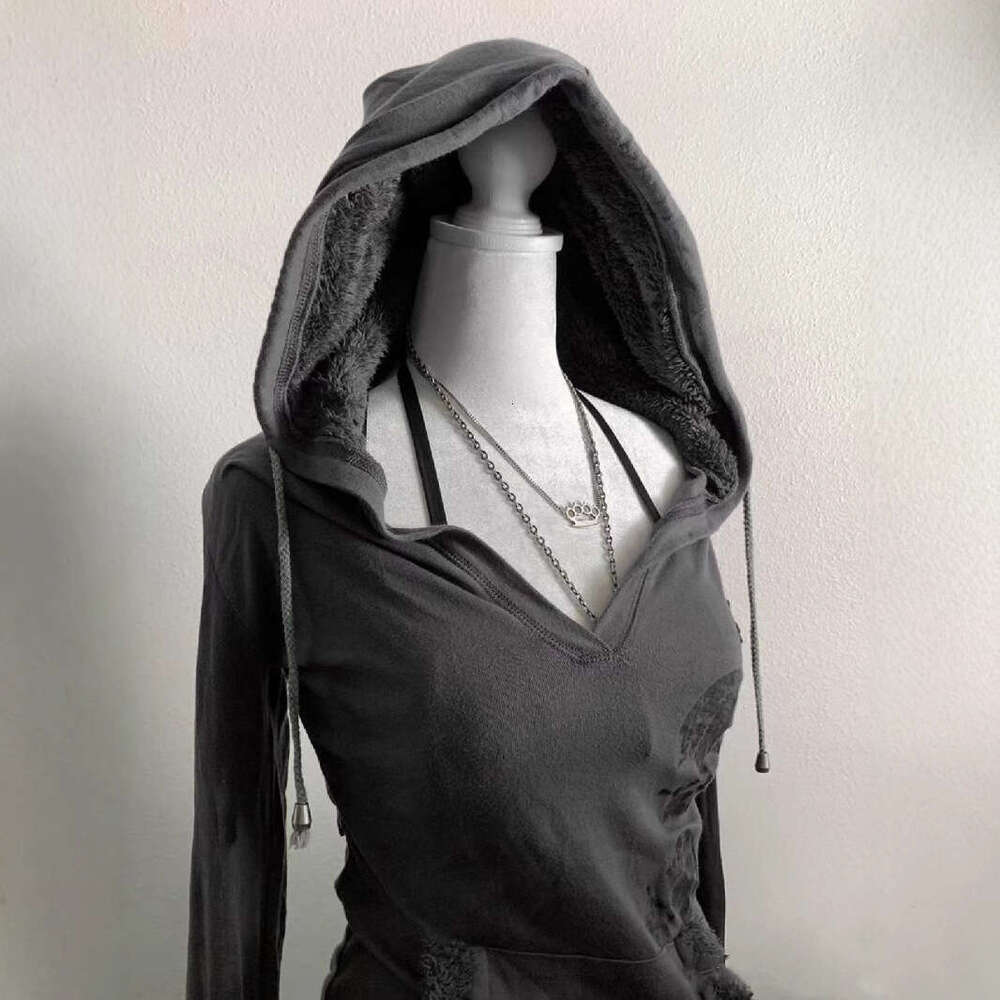 American ruins, antique prints, waist cinching, spring and autumn tops, gray lambhair hooded sweatshirt