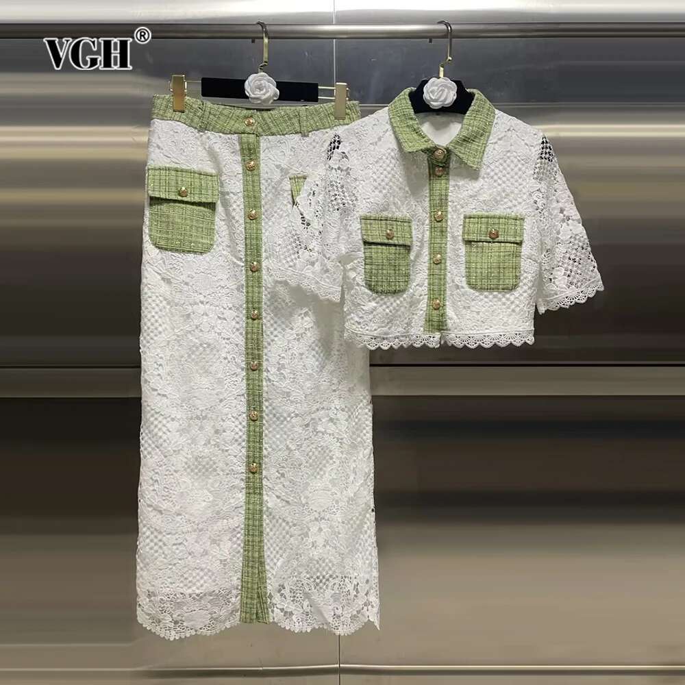 Hollow Out Embroidery Two Piece Set For Women Lapel Short Sleeve Tops High Waist Long Skirts Slimming Sets Female Fashion