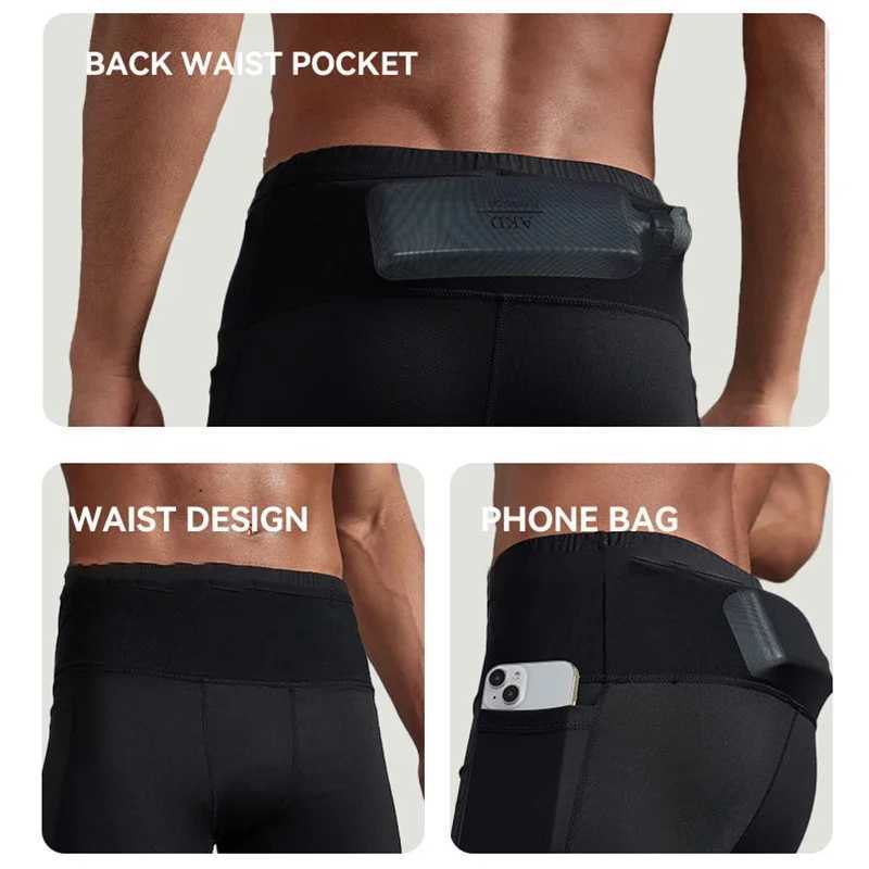 (S-3XL) Mens compression marathon running shorts with waist bag quick drying training fitness tight shorts W250324