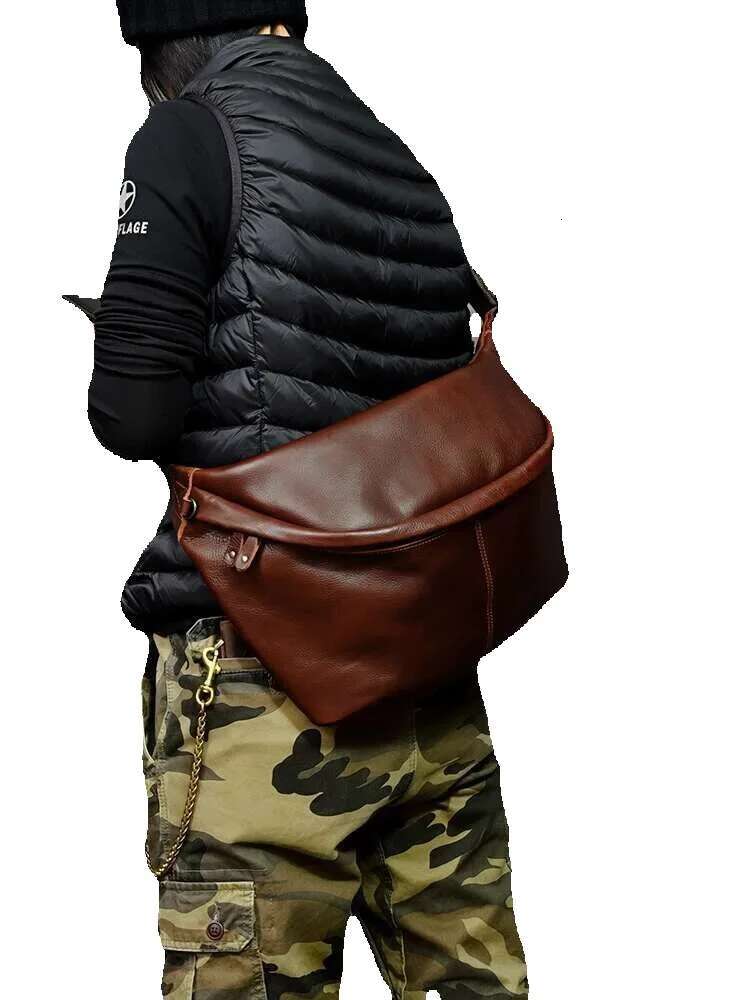 Large Capacity Genuine Leather Men's Chest Bag Retro Fashion Casual Real Cowhide Daily Sports Big Shoulder Messenger Bags