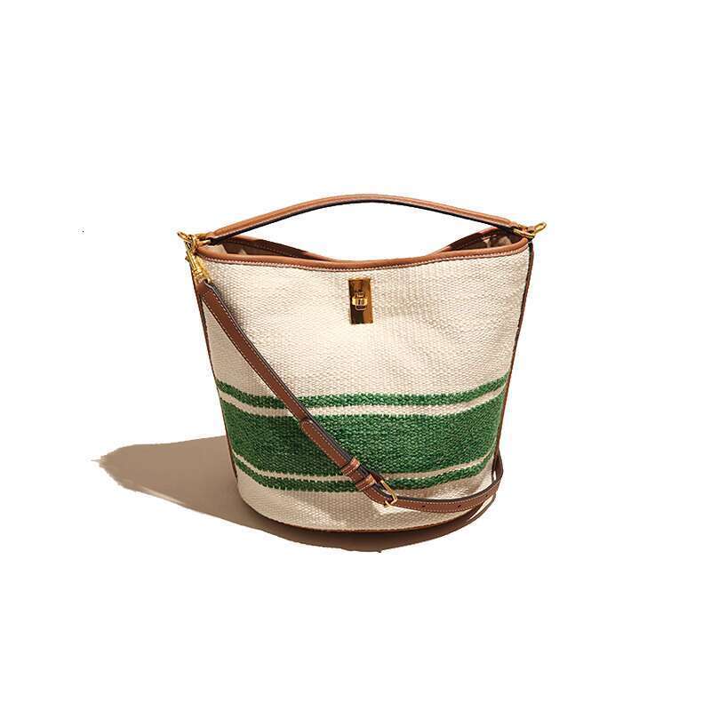 Women's Bags new niche design bucket high-end sense, contrasting color canvas woven bag, handle bag